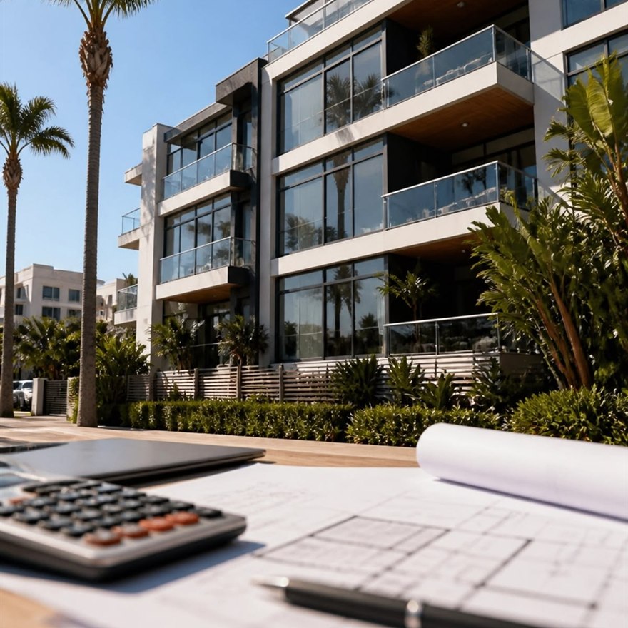 Prédio residencial de alto padrão com planta e calculadora em primeiro plano